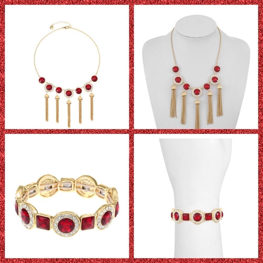 Monet Gold & Red Stone Necklace & Bracelet Set